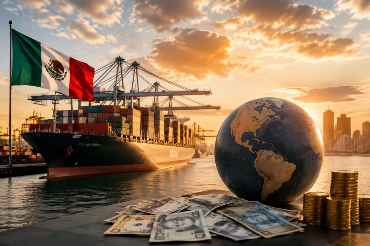 Puerto comercial de México con bandera, divisas y monedas